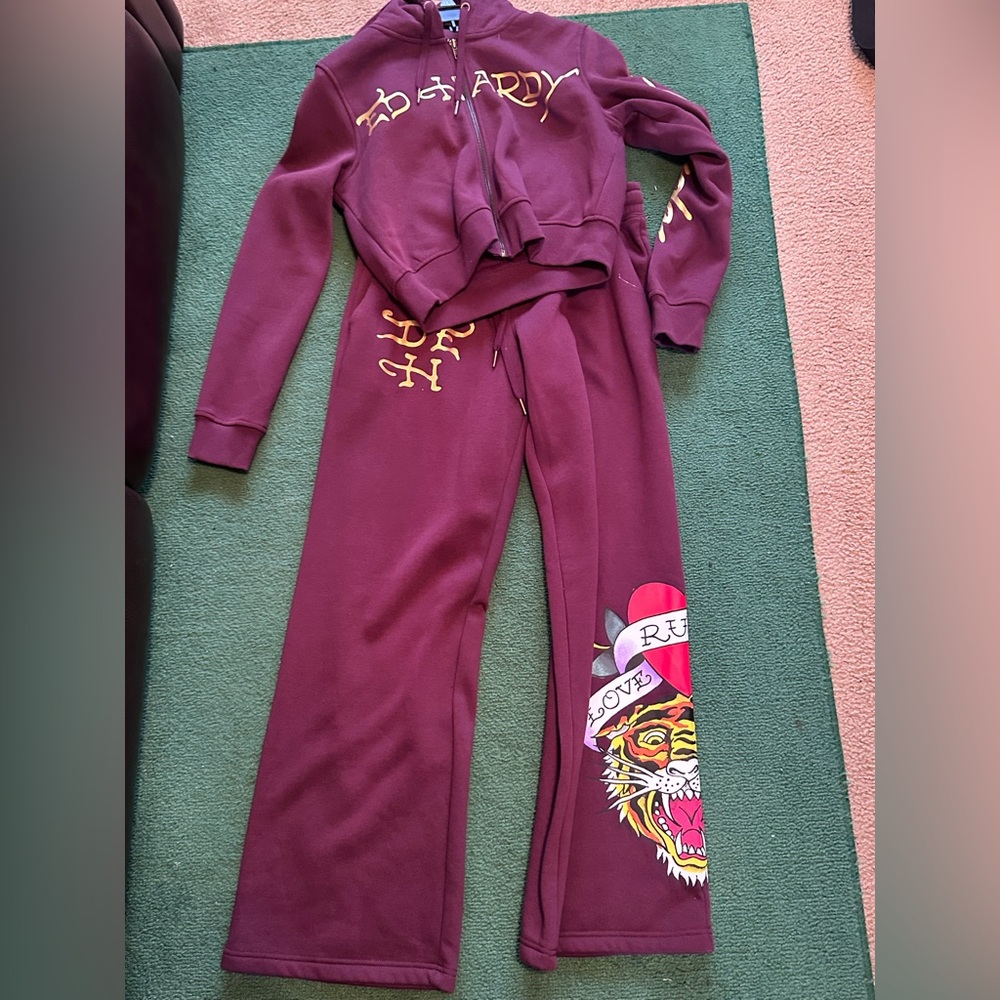 Ed Hardy Burgundy Tracksuit with Tiger Graphic